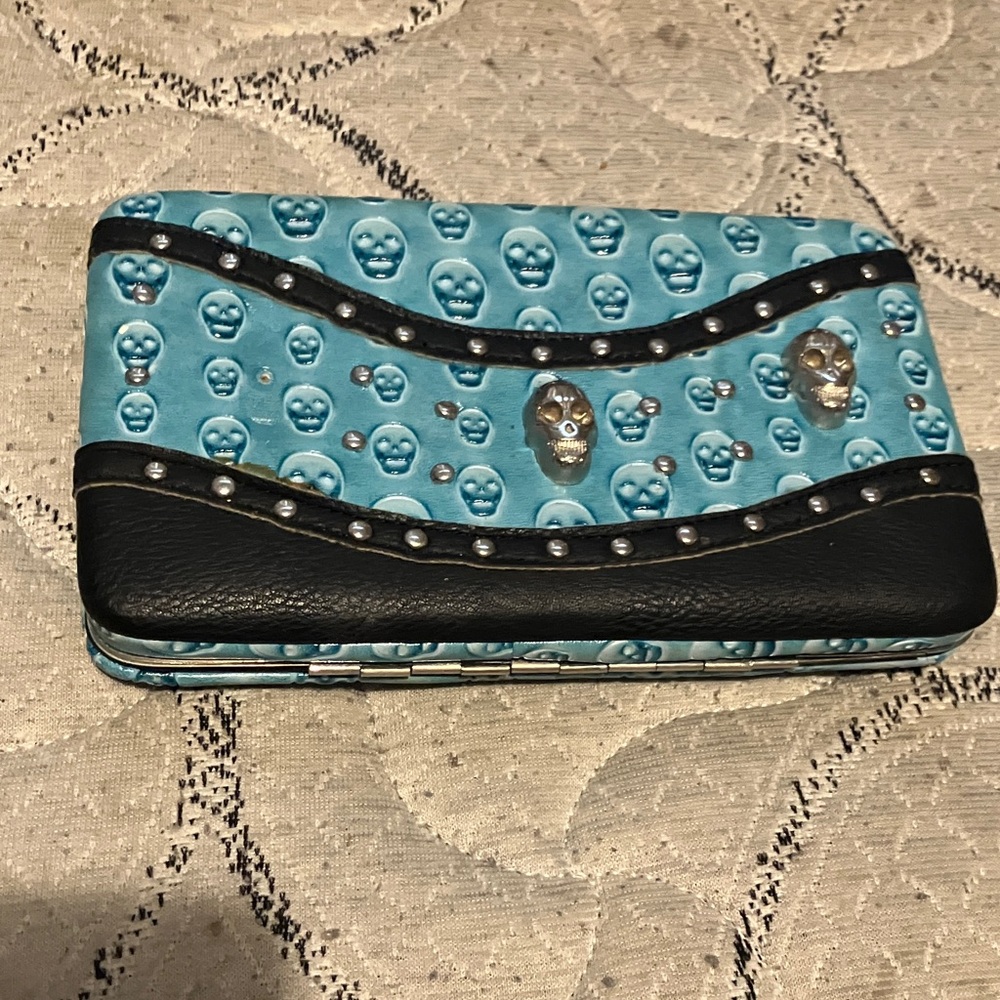 Aqua Skull Embossed Wallet with Stud & Black Trim